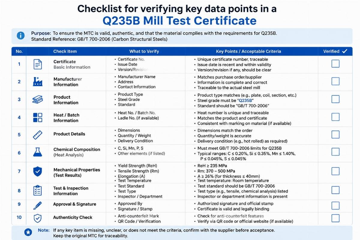 Checklist for verifying key data points in a Q235B Mill Test Certificate