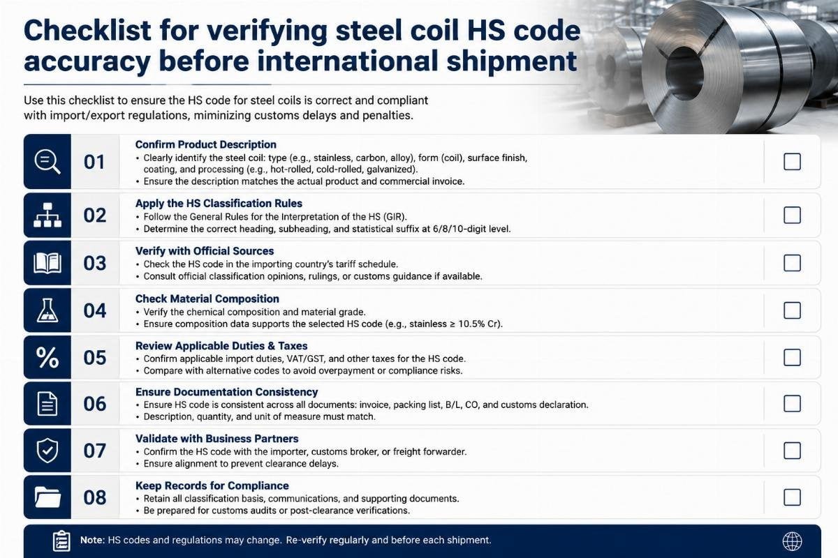 Checklist for verifying steel coil HS code accuracy before international shipment