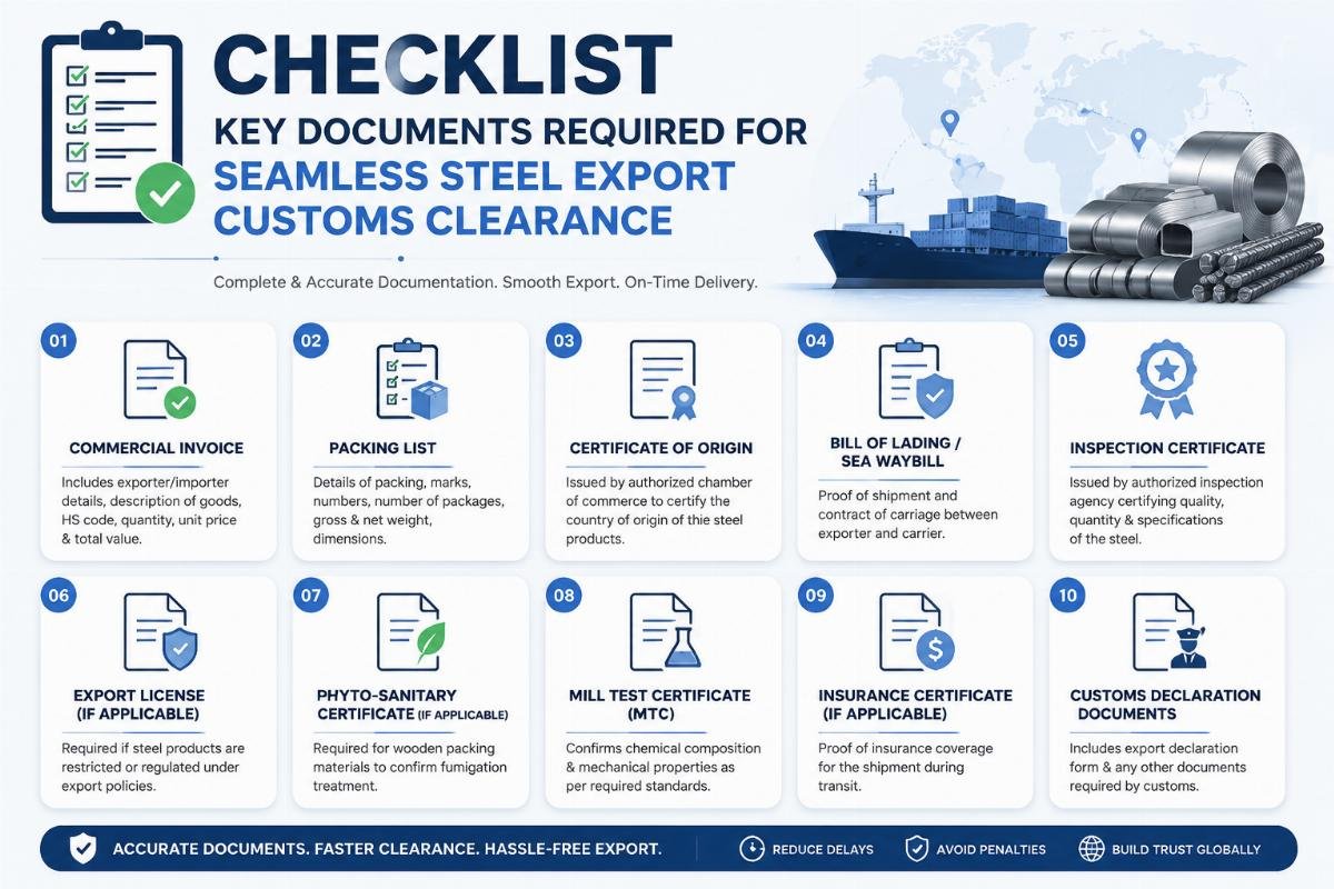 Checklist graphic highlighting key documents required for seamless steel export customs clearance