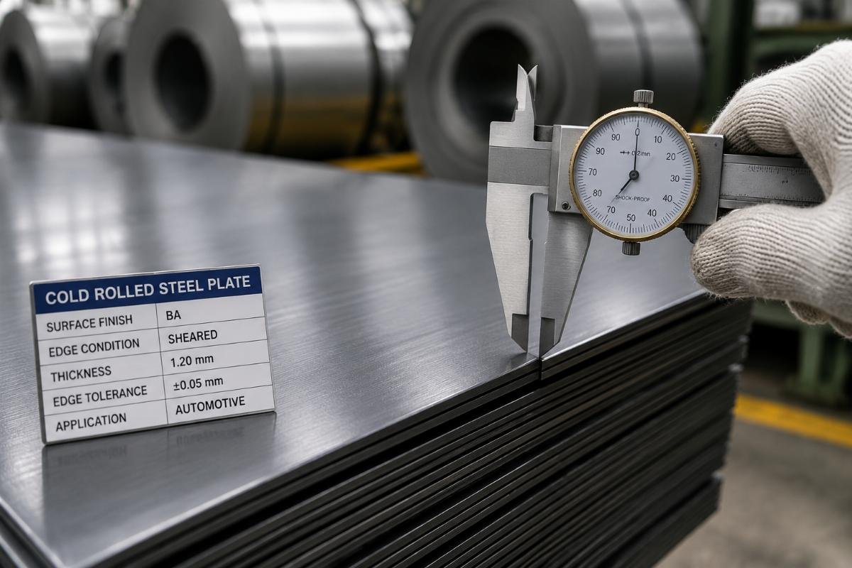 Close-up inspection of cold-rolled steel plate surface finish and edge tolerance for automotive applications