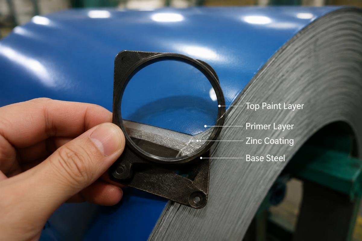 Close-up inspection of prepainted steel coil edge showing paint adhesion and zinc layer integrity