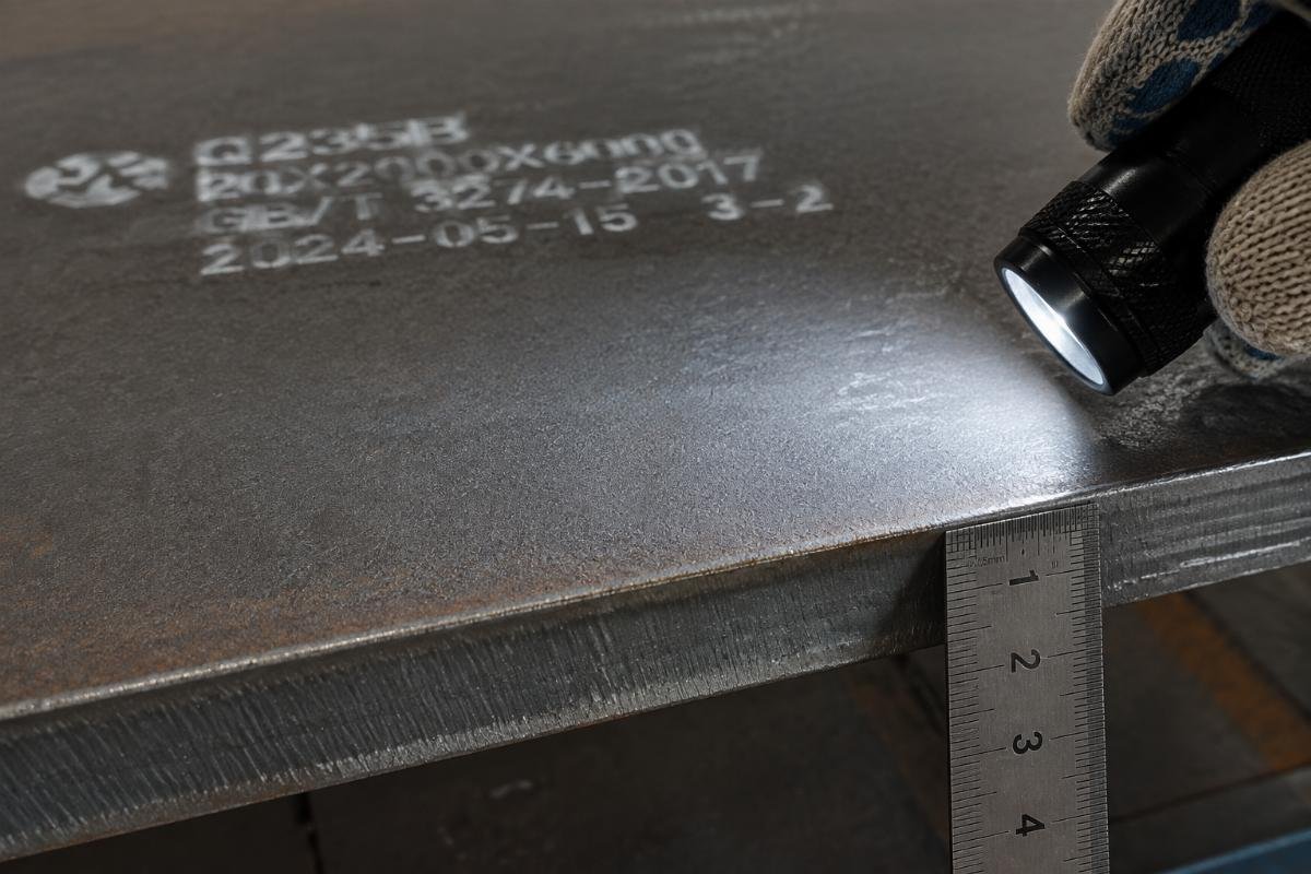 Close-up inspection of Q235B hot-rolled steel plate surface texture and edge quality