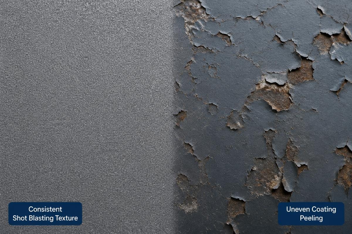 Close-up of a steel plate surface showing consistent shot blasting texture versus uneven coating peeling