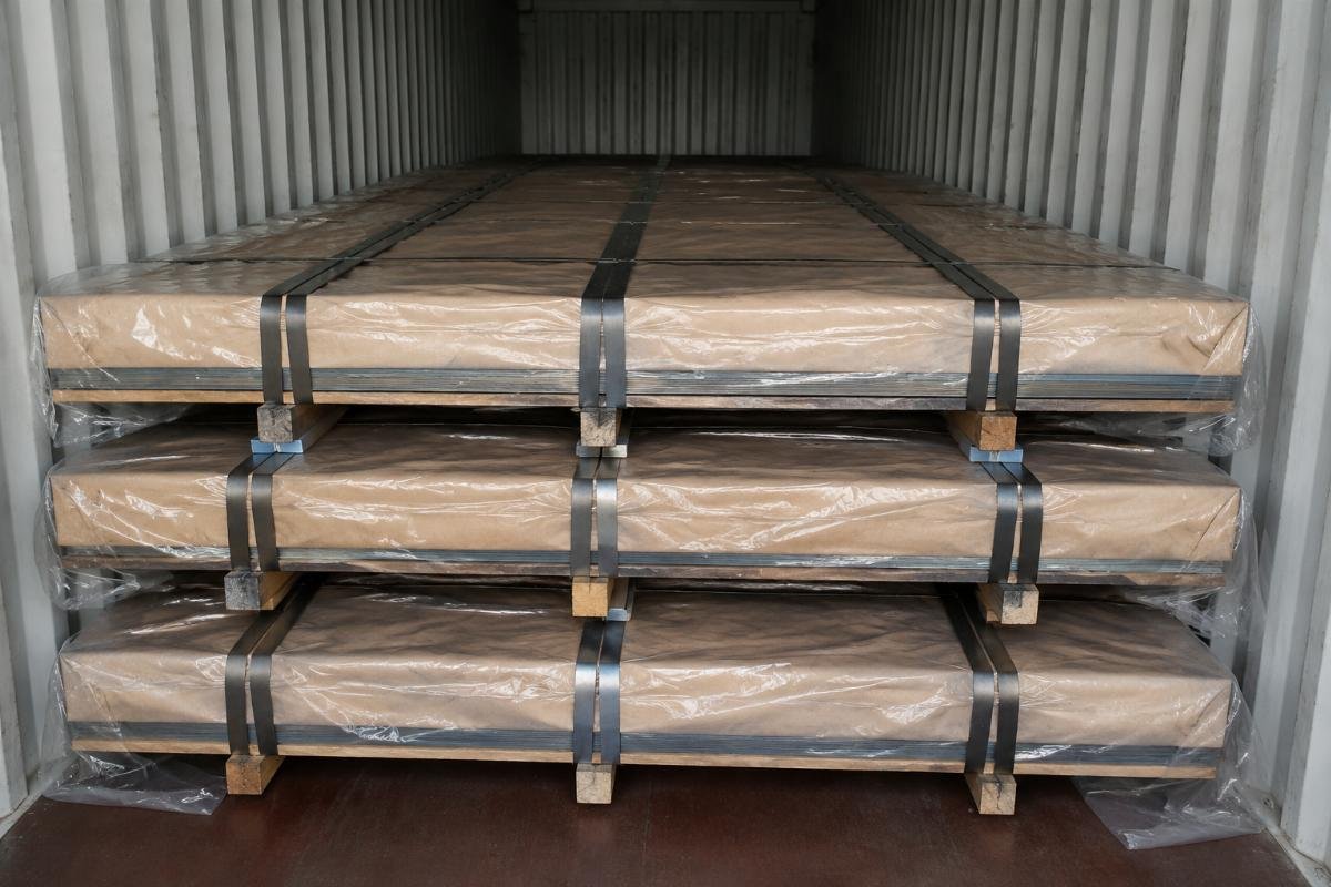 Close-up of properly wrapped steel plates with waterproof layering inside a shipping container