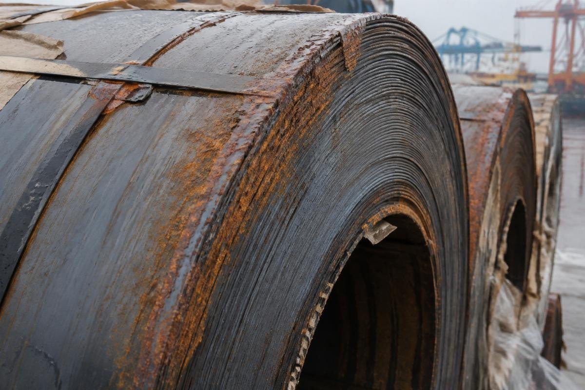 Close-up of rusted steel coil edges due to inadequate tropical packaging at a humid port