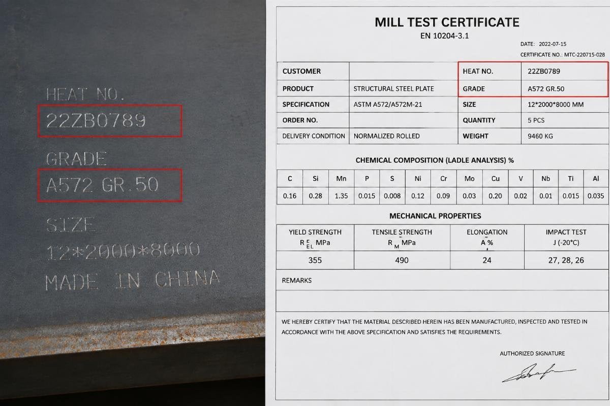 Close-up of steel plate markings showing heat number and grade next to a corresponding certificate section