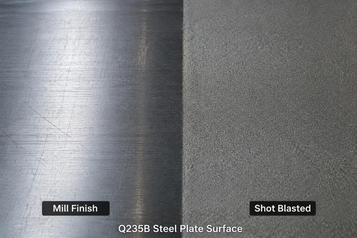 Close-up view of Q235B steel plate surface showing mill finish versus shot-blasted texture
