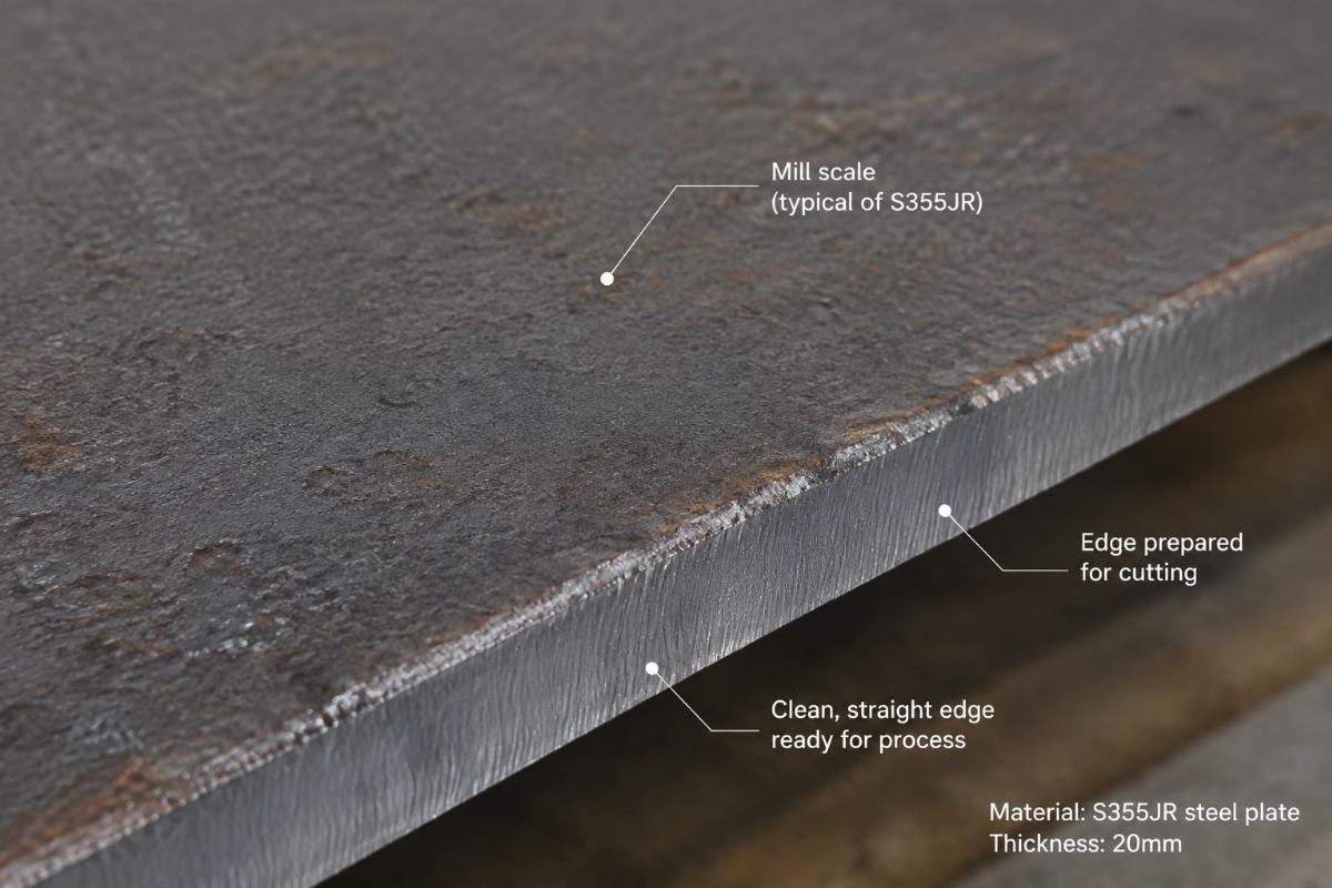 Close-up view of S355JR steel plate surface showing mill scale and edge preparation for cutting