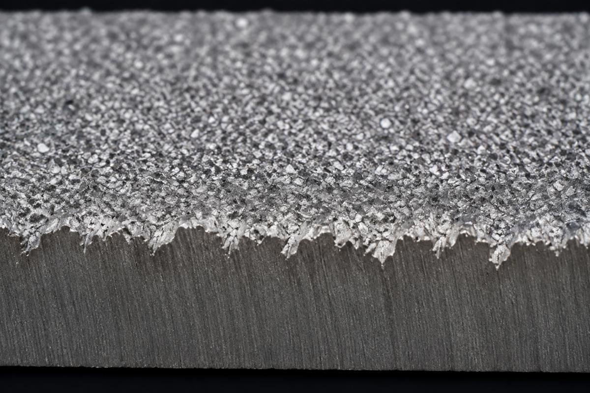 Close-up view of shot-blasted steel surface showing proper anchor profile for coating adhesion