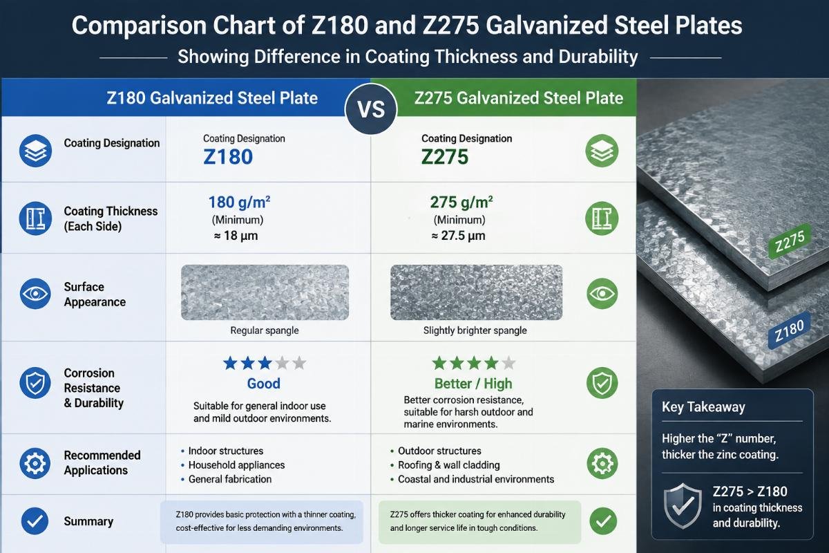 Comparison chart of Z180 and Z275 galvanized steel plates showing difference in coating thickness and durability
