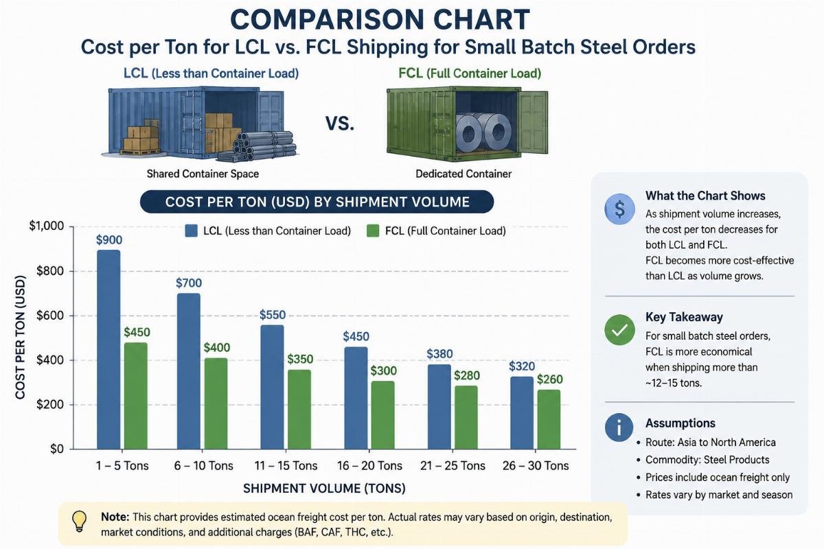 Comparison chart showing cost per ton for LCL vs. FCL shipping for small batch steel orders