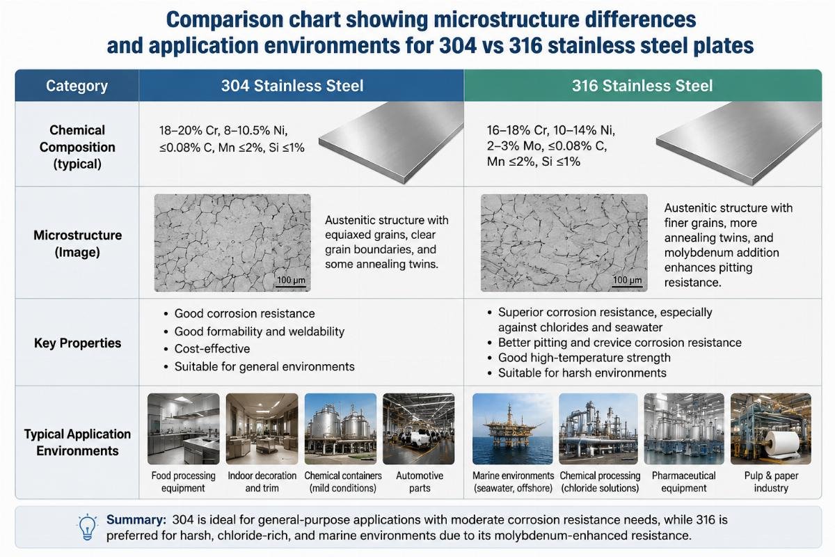 Comparison chart showing microstructure differences and application environments for 304 vs 316 stainless steel plates