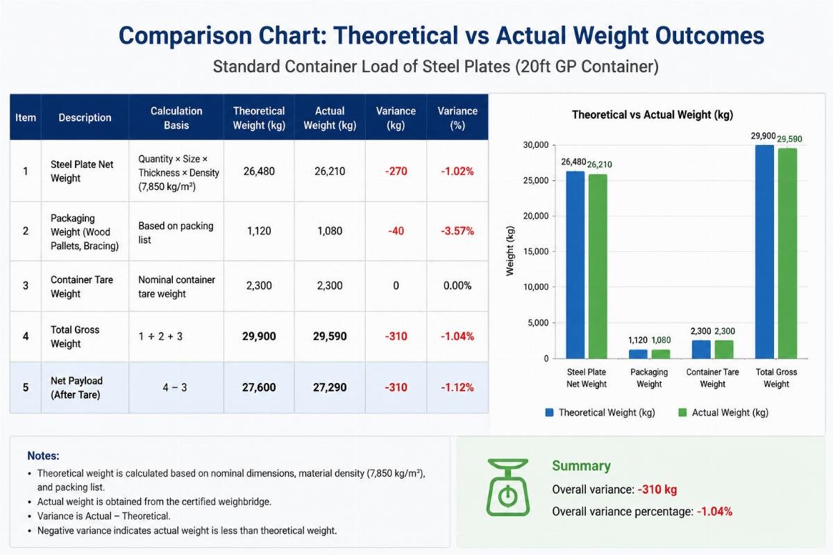 Comparison chart showing theoretical vs actual weight outcomes for a standard container load of steel plates