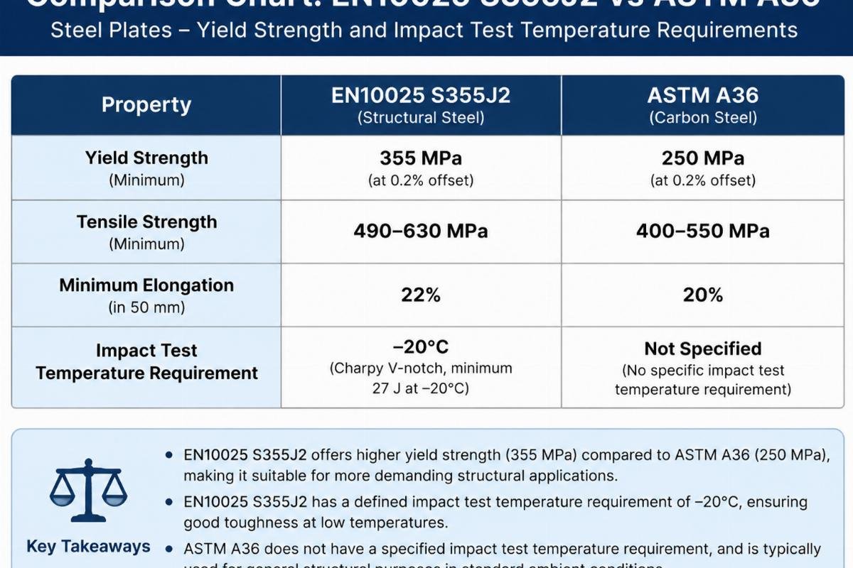 Comparison chart showing yield strength and impact test temperature requirements for EN10025 S355J2 versus ASTM A36 steel plates