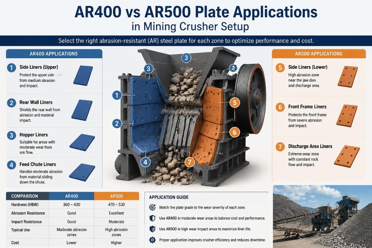 Comparison diagram showing AR400 and AR500 plate applications in a mining crusher setup