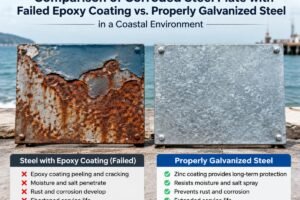 Comparison of corroded steel plate with failed epoxy coating versus properly galvanized steel in a coastal environment