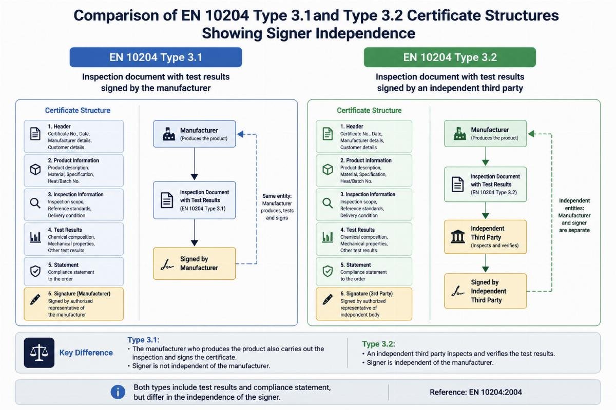 Comparison of EN 10204 Type 3.1 and Type 3.2 certificate structures showing signer independence