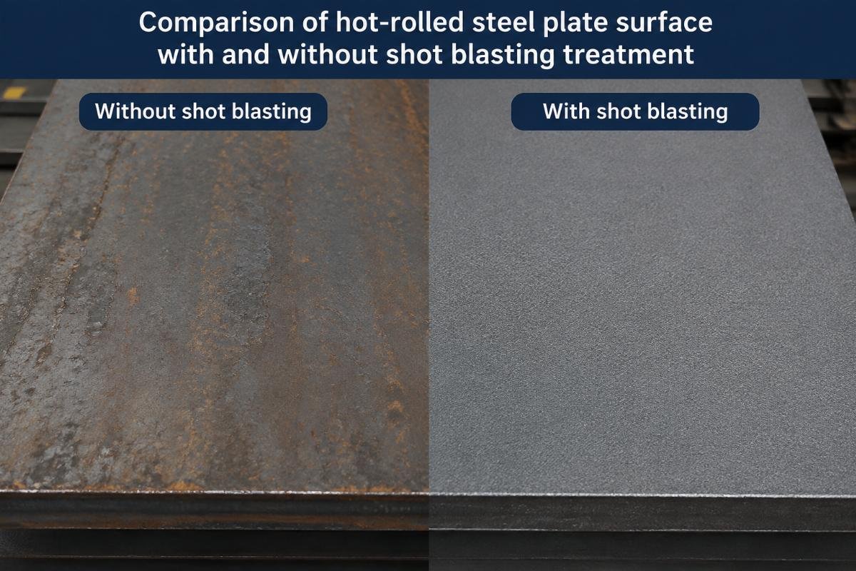 Comparison of hot-rolled steel plate surface with and without shot blasting treatment