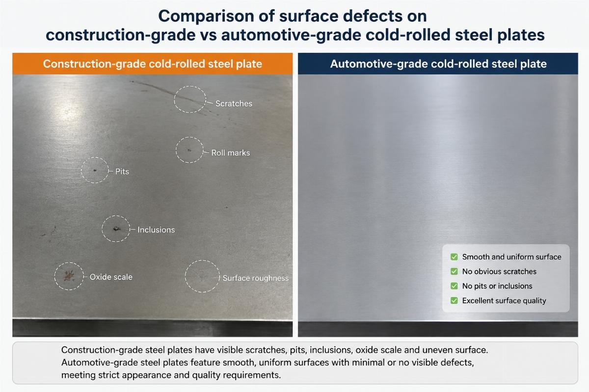 Comparison of surface defects on construction-grade vs automotive-grade cold-rolled steel plates