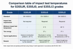 Comparison table of impact test temperatures for S355JR, S355J0, and S355J2 grades
