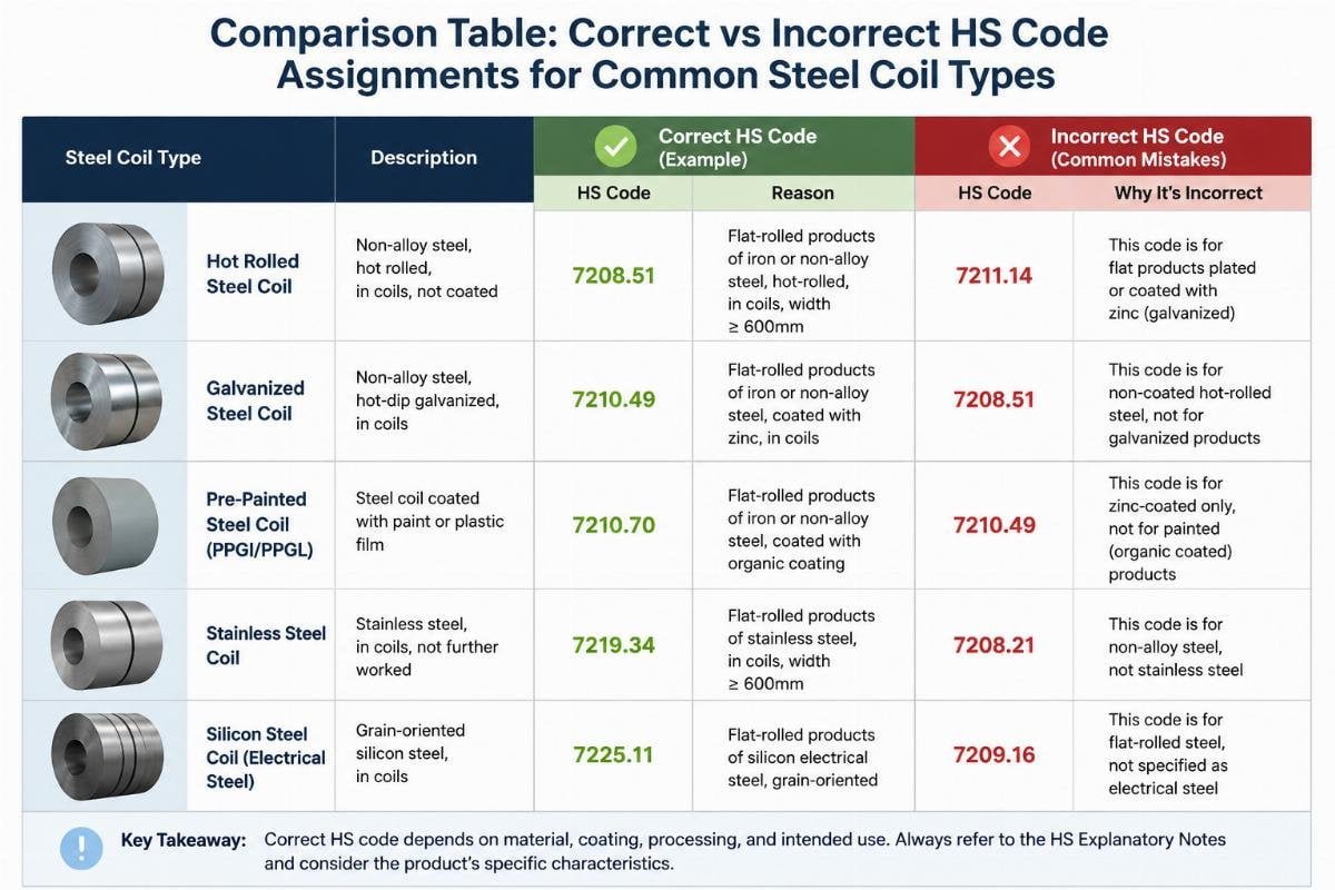 Comparison table showing correct vs incorrect HS code assignments for common steel coil types
