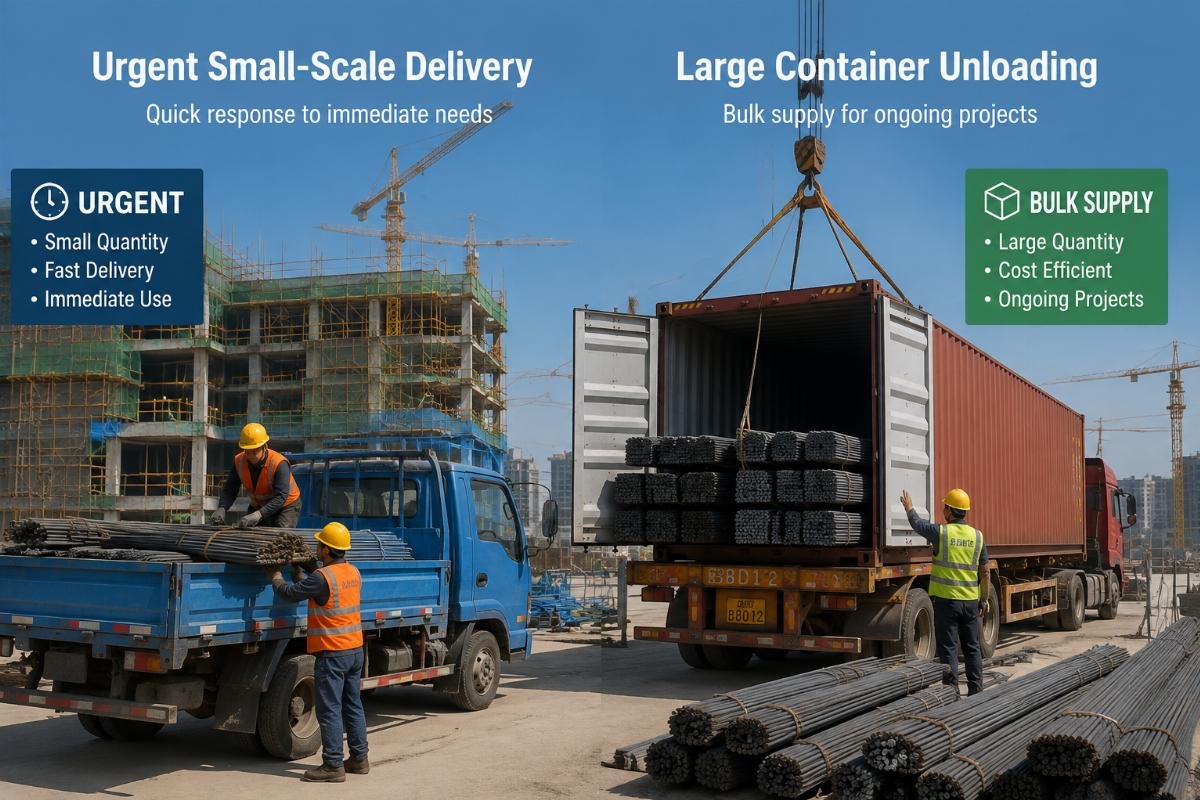 Construction site scene showing urgent small-scale steel delivery versus large container unloading for bulk supply