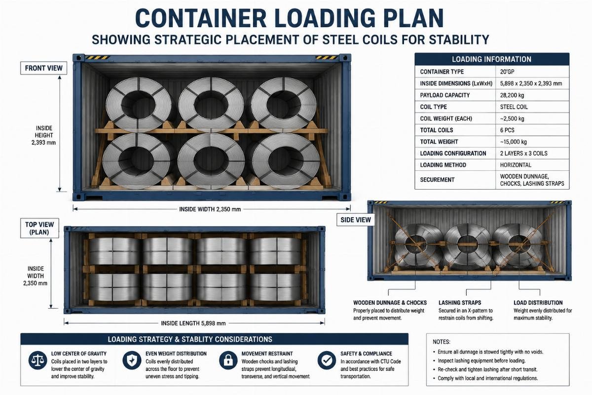 Container loading plan showing strategic placement of steel coils for stability