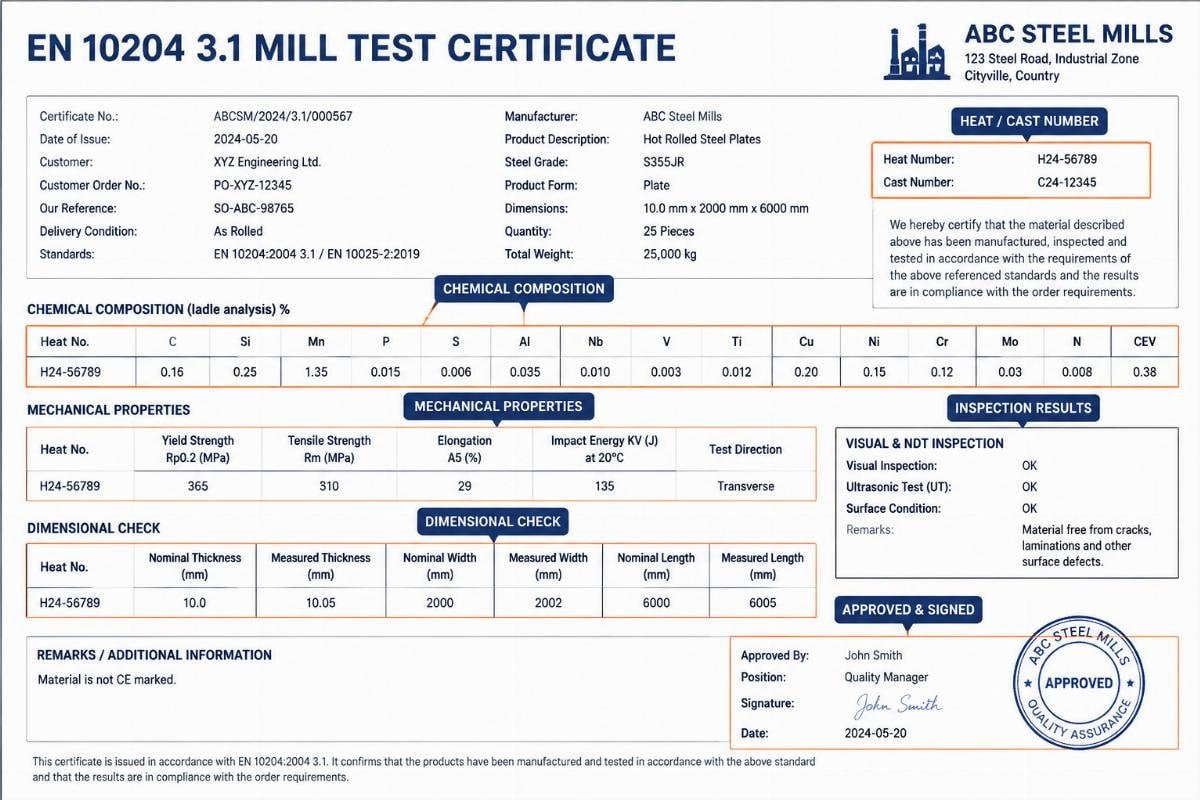 Detailed view of an EN 10204 Mill Test Certificate highlighting key data fields like heat number and test results