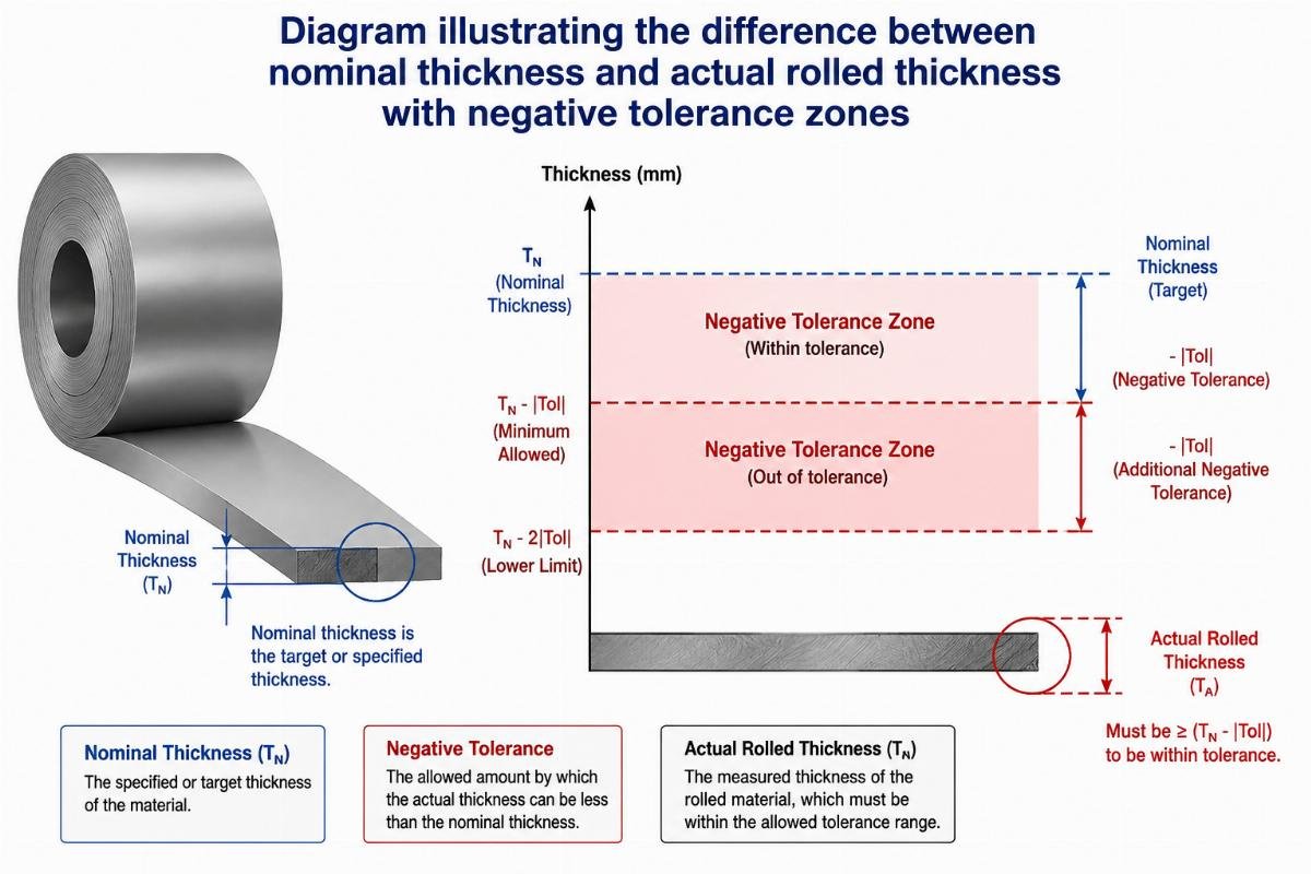 Diagram illustrating the difference between nominal thickness and actual rolled thickness with negative tolerance zones
