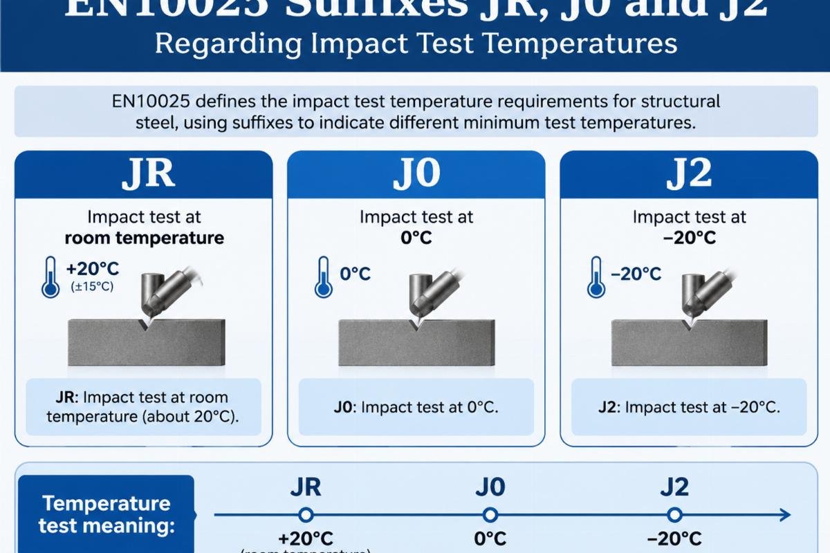 Diagram illustrating the meaning of EN10025 suffixes JR, J0, and J2 regarding impact test temperatures