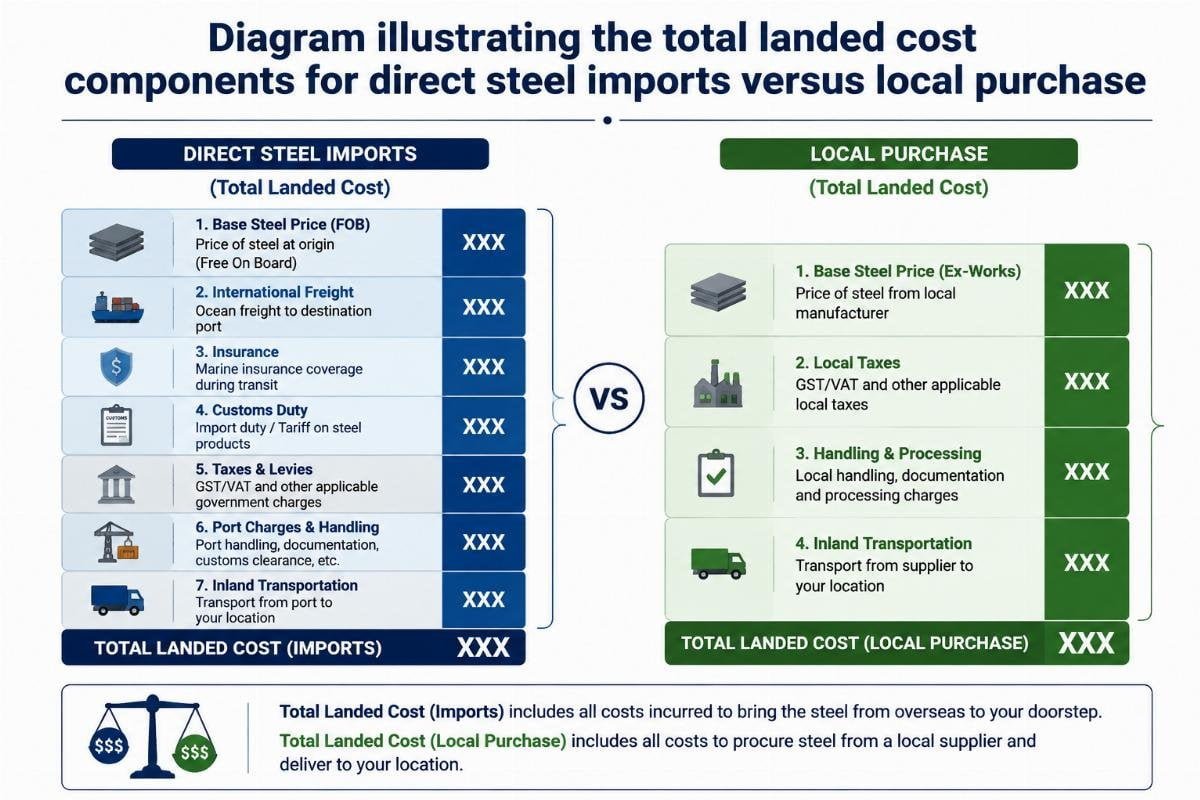 Diagram illustrating the total landed cost components for direct steel imports versus local purchase