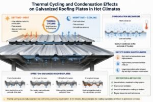Diagram illustrating thermal cycling and condensation effects on galvanized roofing plates in hot climates