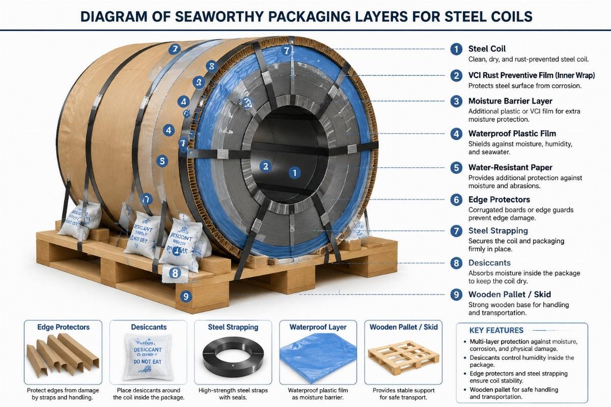 Diagram of seaworthy packaging layers for steel coils including desiccants and edge guards