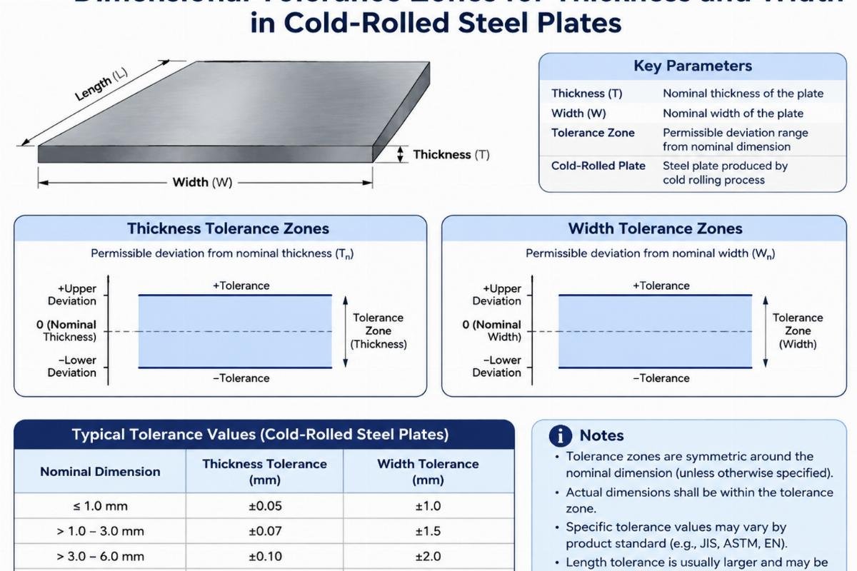 Diagram showing dimensional tolerance zones for thickness and width in cold-rolled steel plates