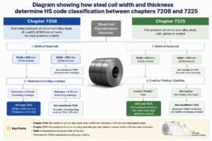 Diagram showing how steel coil width and thickness determine HS code classification between chapters 7208 and 7225