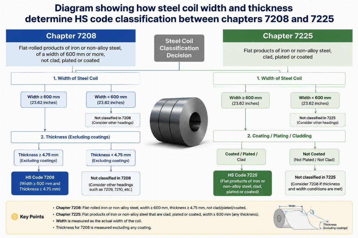 Diagram showing how steel coil width and thickness determine HS code classification between chapters 7208 and 7225