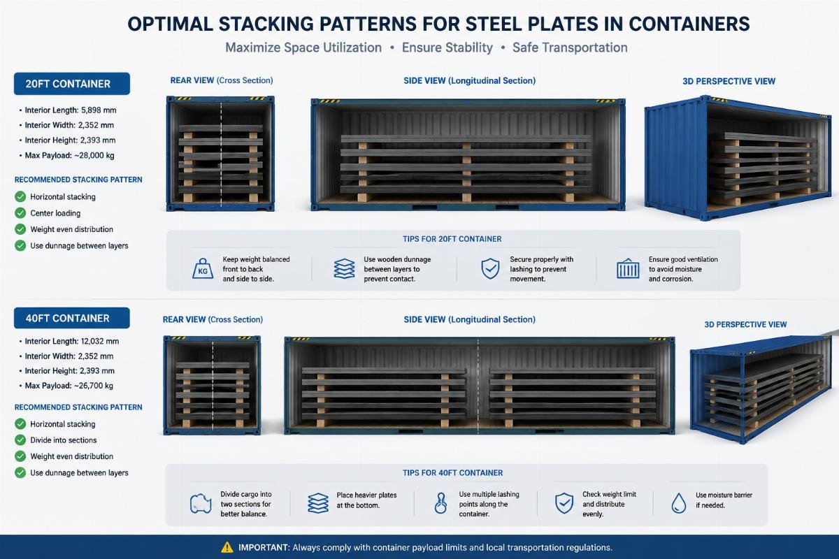 Diagram showing optimal stacking patterns for steel plates inside a 20ft and 40ft container to maximize space utilization