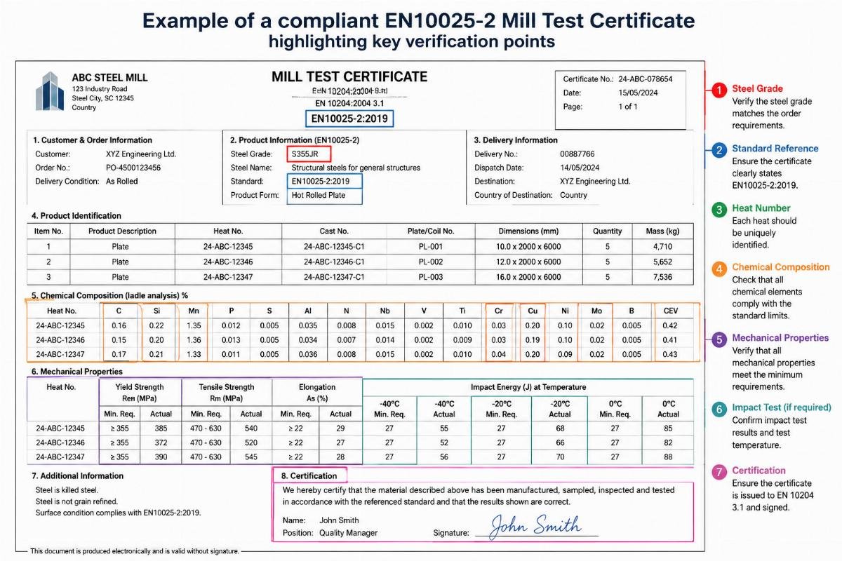 Example of a compliant EN10025-2 Mill Test Certificate highlighting key verification points
