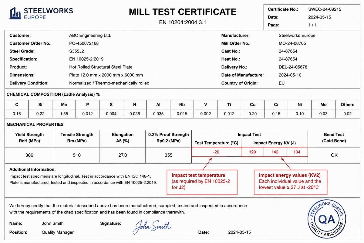 Example of a compliant Mill Test Certificate highlighting impact test temperature and energy values for S355J2