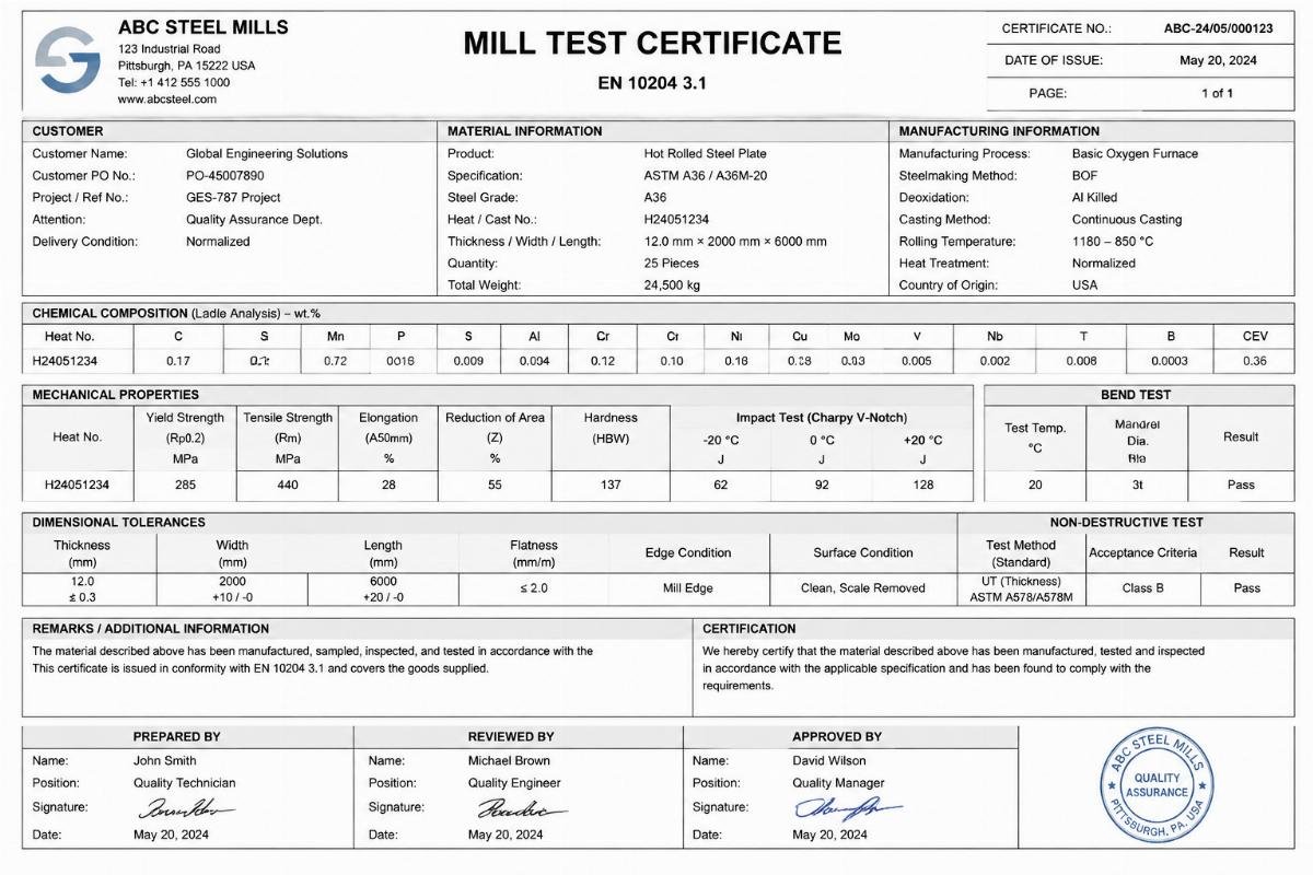 Example of a detailed Mill Test Certificate showing chemical and mechanical properties