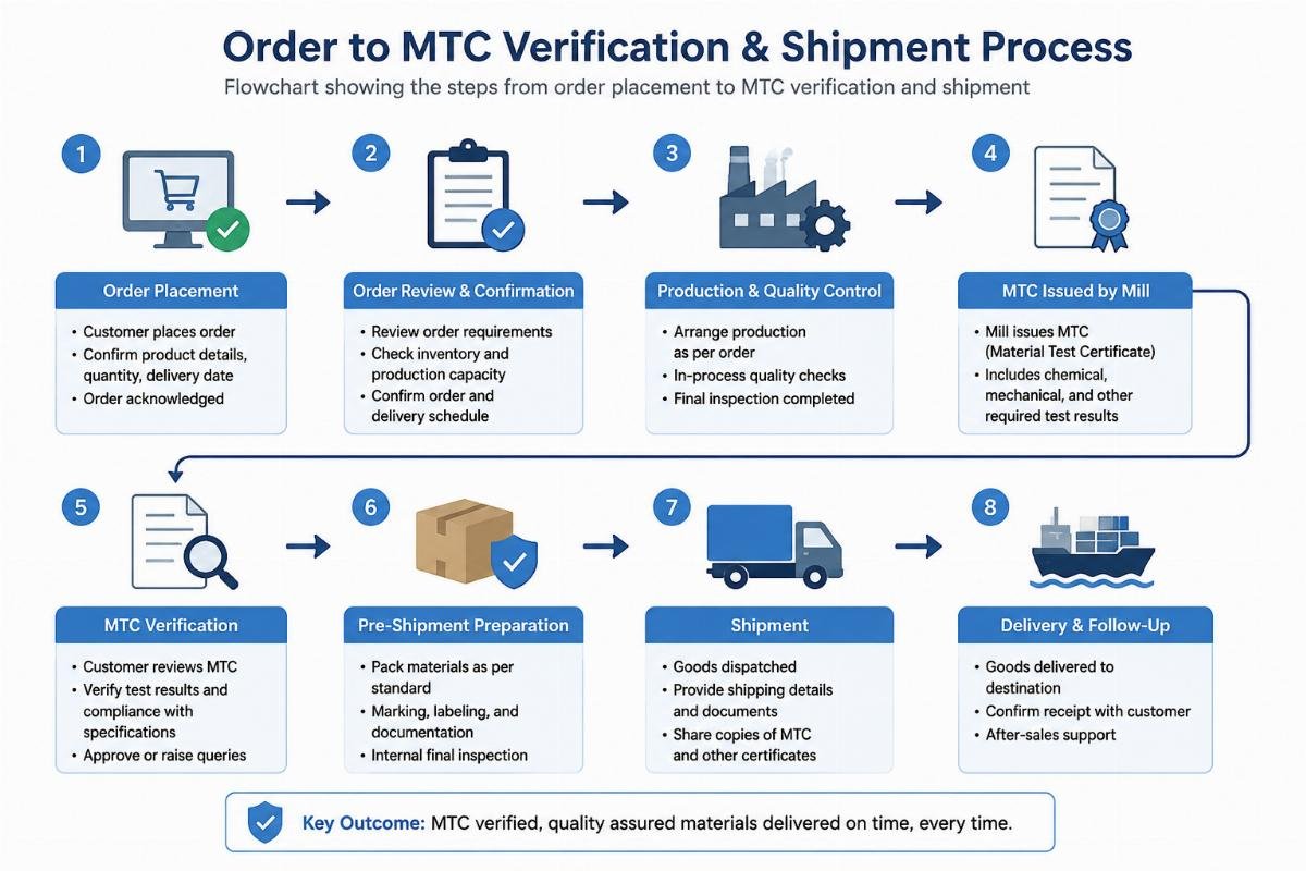 Flowchart showing the steps from order placement to MTC verification and shipment