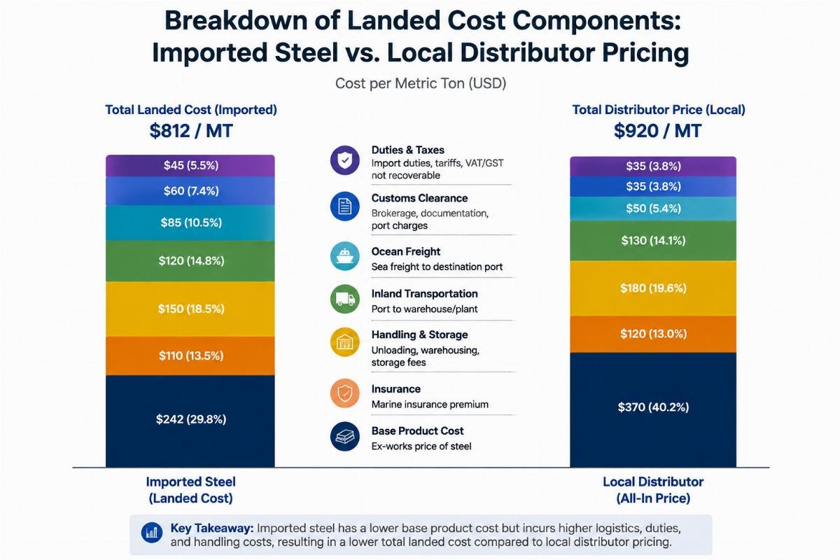 Graph showing the breakdown of landed cost components for imported steel versus local distributor pricing