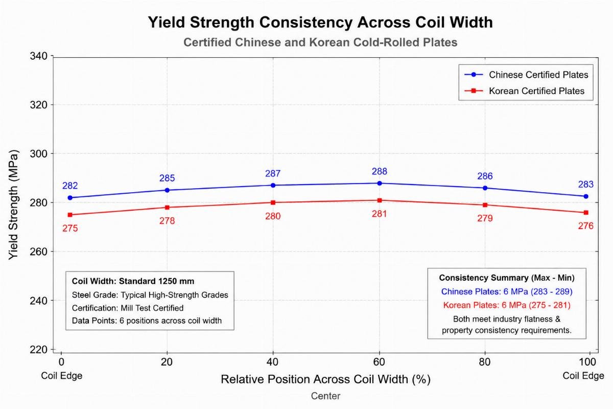 Graph showing yield strength consistency across coil width for certified Chinese and Korean cold-rolled plates