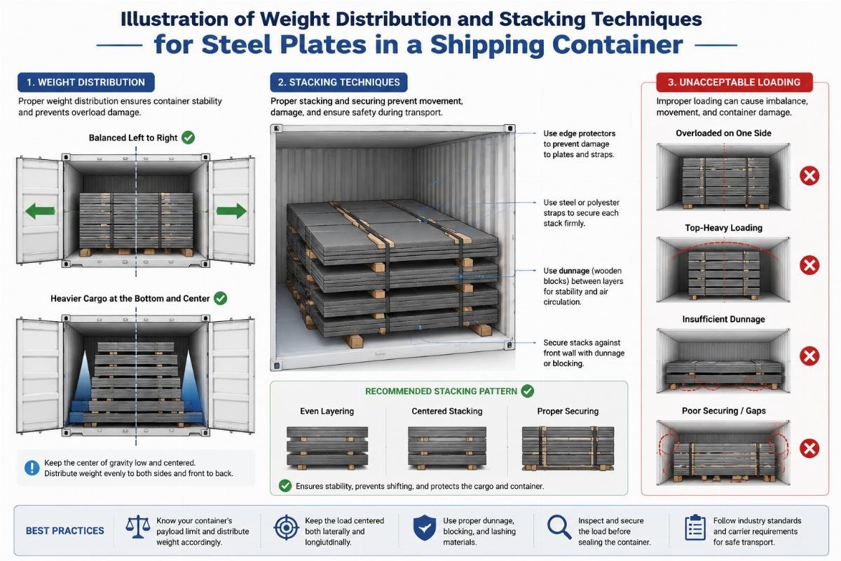 Illustration of weight distribution and stacking techniques for steel plates in a shipping container