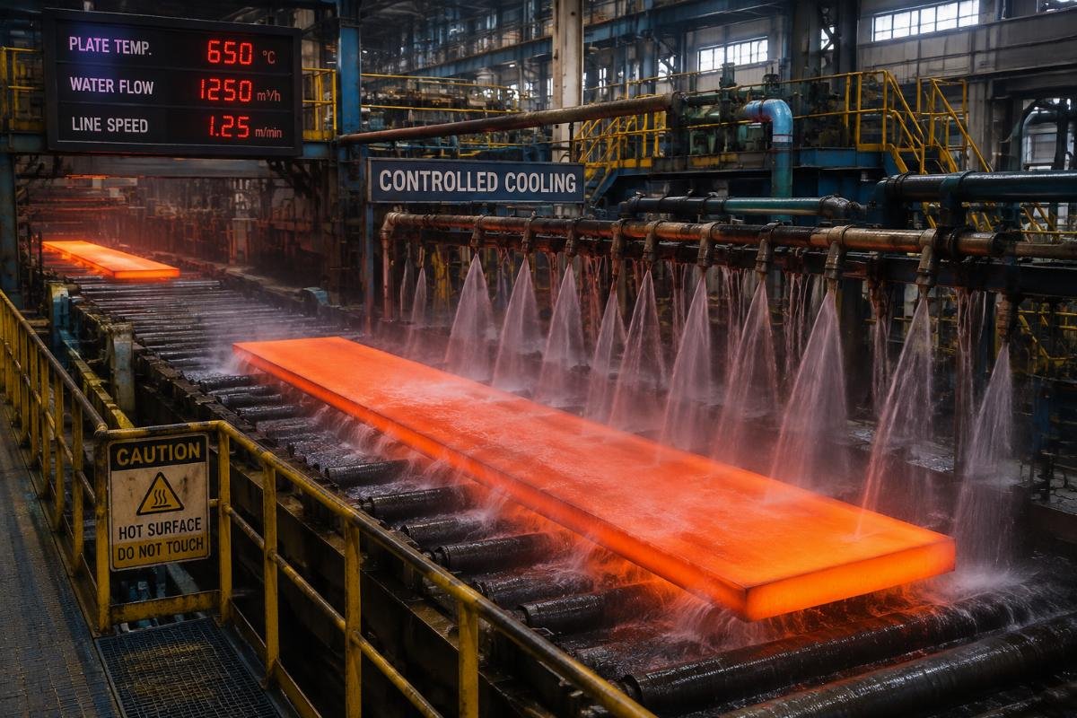 Industrial hot-rolling mill line showing controlled cooling process for steel plates