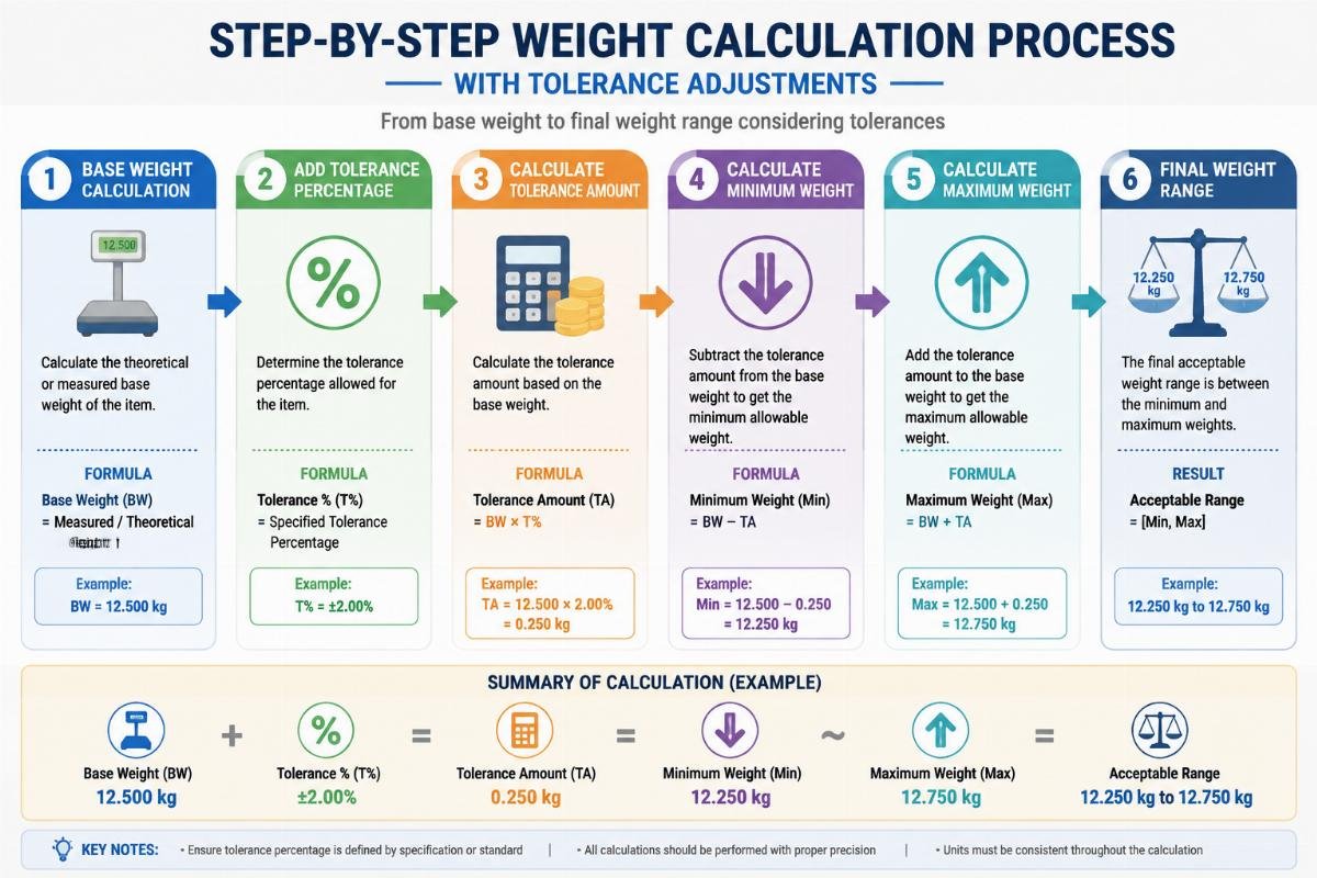 Infographic demonstrating the step-by-step weight calculation process with tolerance adjustments