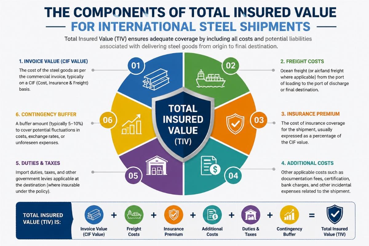 Infographic illustrating the components of total insured value for international steel shipments