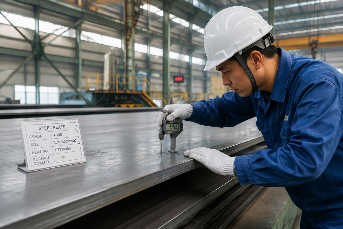 Inspection of steel plate thickness and surface quality at a manufacturing facility