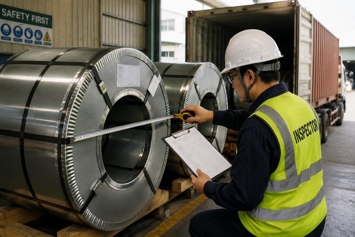 Inspector checking steel coil dimensions and documentation at factory loading dock
