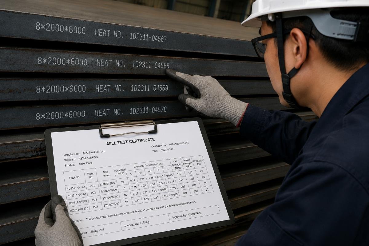 Inspector comparing heat number stamps on steel plates with mill test certificate data
